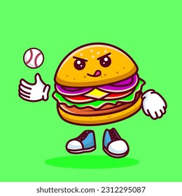 Vector illustration of kawaii burger cartoon character with baseball bat and ball. Vector eps 10. Vector eps 10