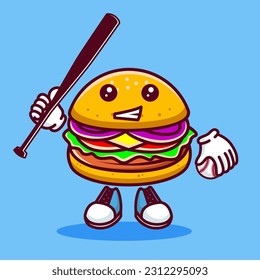 Ilustración vectorial del personaje de caricatura de la hamburguesa kawaii con bate de béisbol y bola. Vector eps 10. Vector eps 10