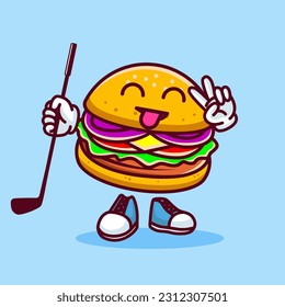 Vector illustration of kawaii burger cartoon character with stick golf and ball. Vector eps 10