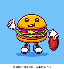 Vector illustration of kawaii burger cartoon character with american football ball. Vector eps 10