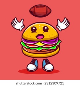 Vector illustration of kawaii burger cartoon character with american football ball. Vector eps 10