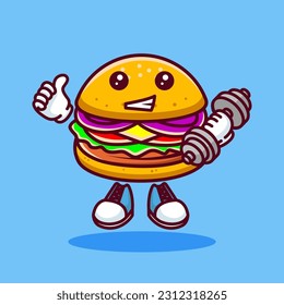 Vector illustration of kawaii burger cartoon character with barbell. Vector eps 10