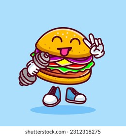 Vector illustration of kawaii burger cartoon character with barbell. Vector eps 10