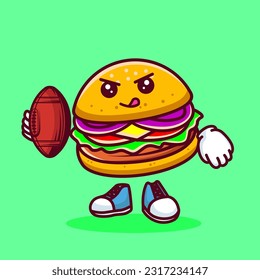 Vector illustration of kawaii burger cartoon character with american football ball. Vector eps 10
