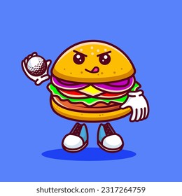 Vector illustration of kawaii burger cartoon character with stick golf and ball. Vector eps 10