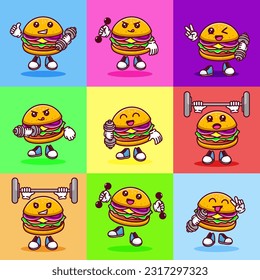 Vector illustration of kawaii burger cartoon character with barbell. Vector eps 10