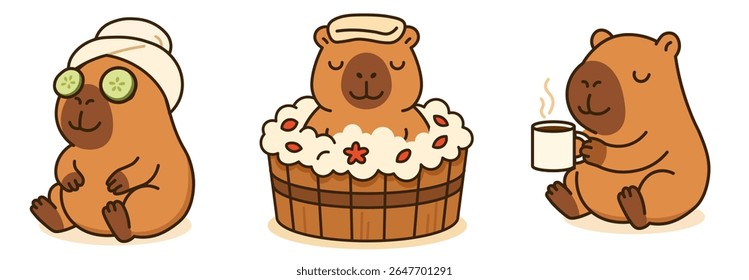 Vector illustration of a kawaii capybara having a spa day with cucumber mask, bubble bath, and hot tea. Perfect for self-care, relaxation, and wellness-themed designs.