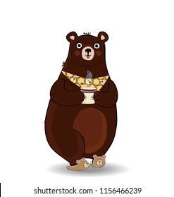 Vector illustration of kawaii cartoon bear character in slippers and necktie, holding cup with hot drink isolated on white background. Illustration, clip art for greeting card design.