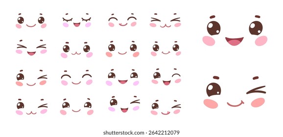 Vector illustration of kawaii cartoon faces with varied eyes, mouths and blushes, showing different positive emotions. Flat isolated illustration.