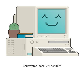 Vector illustration of kawaii cartoon pc with cactus and books.