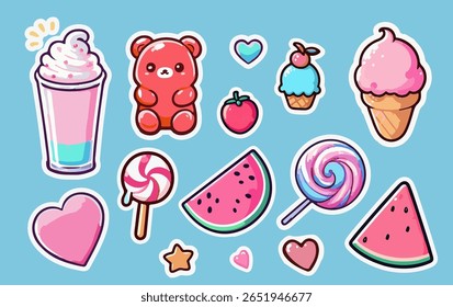 Vector illustration in kawaii cartoon sticker style: cute bear, ice creams, drinks, hearts, candies, and watermelon slices. Uses pastel pink, blue, and yellow—trendy among young and playful designs.