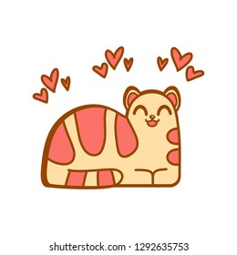 Vector illustration, kawaii cat with hearts. Applicable for St. Valentine's day and love concepts, for posters, web banners, online apps, stickers, prints etc. Includes coral color (2019 trend).