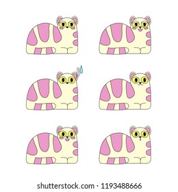 Vector illustration, kawaii cat set in pastel pleasant colors. Line style. Applicable for funny greeting cards, stickers, t-shirt prints, banners etc.