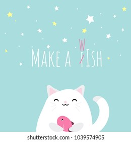 Vector illustration kawaii cat white asian make a fish