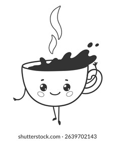 Vector illustration of kawaii coffee cup with splash and smiling face. Flat isolated illustration.