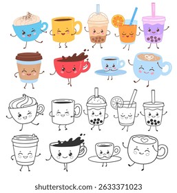 Vector illustration of kawaii coffee drinks, bubble tea and cups with smiling faces. Line art and colored flat drawing.