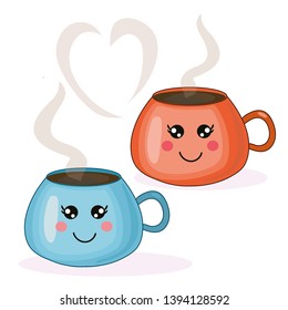 Vector illustration with kawaii cups of coffee. Cute blue and orange cups and heart.