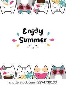 Vector illustration kawaii cute cat cartoon doodle background with text - Enjoy Summer. Perfect for greeting card design, t-shirt print, inspiration poster and more.