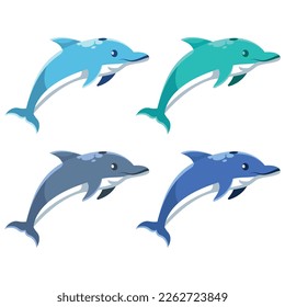 Vector illustration of kawaii cute dolphin characters. set of characters. Emoticon, mascot, cartoon character of dolphin, isolated on white background