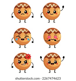 Vector illustration of kawaii cute takoyaki set cartoon flat design characters. Emoticon, mascot, character of takoyaki japanese snack food, isolated object on white background. Icon set template.