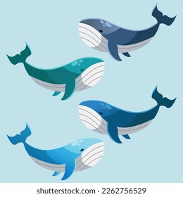 Vector illustration of kawaii cute whale characters. set of characters. Emoticon, mascot, cartoon character of whale, isolated on background