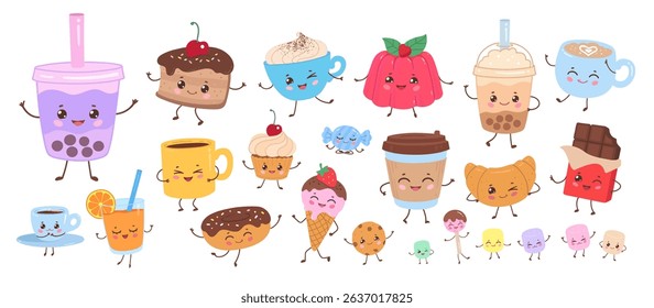 Vector illustration of kawaii desserts and beverages with happy faces. Flat isolated illustration.