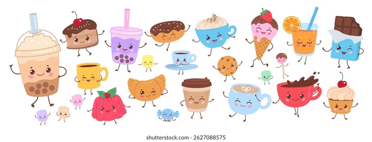 Vector illustration of kawaii desserts, drinks, and snacks with happy faces.