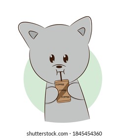 Vector illustration of kawaii dog drinking coffee pack