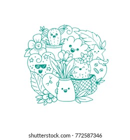 Vector illustration with kawaii doodle characters and flowers isolated on background. 