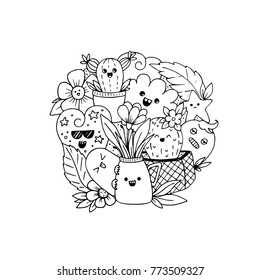 Vector illustration with kawaii doodle characters and flowers isolated on background. 