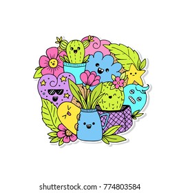 Vector illustration with kawaii doodle characters and flowers isolated on background. 