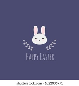 Vector illustration with kawaii easter rabbit on navy blue background, perfect for easter greeting cards, banners, invitations, etc.