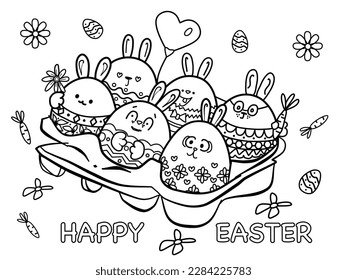 Vector illustration kawaii eggs black and white coloring page, funny eggs, flowers, carrots on white isolated background 