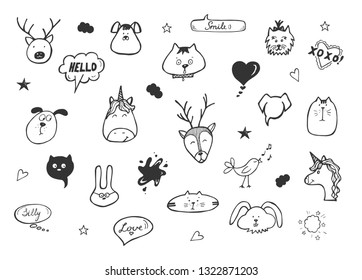 Vector illustration of kawaii emoji icons set. Hares, bunnies, monoceros, kittens, puppies, and elks heads, birds, hearts, clouds, stars and lettering cartoons. Hand drawn doodle style.