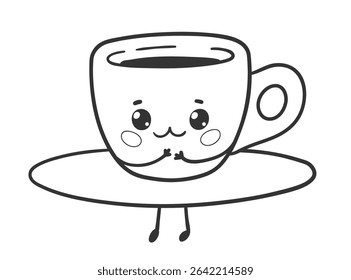 Vector illustration of a kawaii espresso cup standing on a large saucer, smiling with big sparkling eyes and tiny arms. Line art isolated illustration.