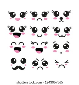 Vector illustration  with kawaii faces in flat style