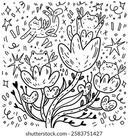 Vector illustration with kawaii fairy kittens flying and sitting on flowers. Contour black and white drawing for coloring.