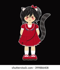 Vector Illustration of kawaii forest girl with kitten ears and tale. Simple idea for kids Halloween outfit. Flat cartoon element for design