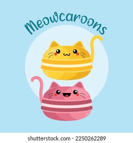 Vector illustration of a kawaii funny macarons with cat earsand face. Isolated objects of macaroon. Design for cafe menu, children print, sticker, poster