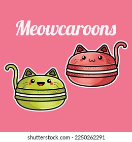 Vector illustration of a kawaii funny macarons with cat earsand face. Isolated objects of macaroon. Design for cafe menu, children print, sticker, poster