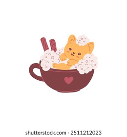 Ilustração vetorial de um gato de gengibre kawaii sentado em uma caneca com biscoitos e chantilly. Este design é perfeito para adesivos que demonstram conceitos de alimentos para animais de estimação. Estilo de desenho animado plano.