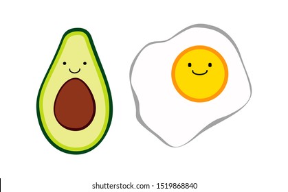 Vector illustration with Kawaii halves of avocado and eggs for print, fabric and organic, vegan. Proper nutrition, healthy breakfast, organic and fresh fruits and vegetables. Cute picture of food