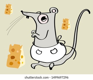  Vector illustration of a kawaii  hand drawn rat and cheese. Vector design of tile, carpet, tablecloth fabric, cushion, pillow, bags, cover,T-shirt.