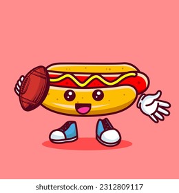 Vector illustration of kawaii hot dog cartoon character with american football ball. Vector eps 10