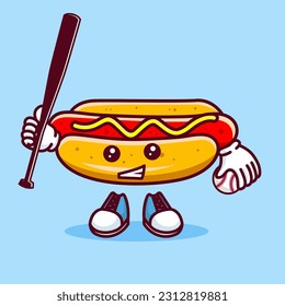 Vector illustration of kawaii hot dog cartoon character with baseball bat and ball. Vector eps 10