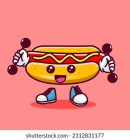 Vector illustration of kawaii hot dog cartoon character with barbell. Vector eps 10