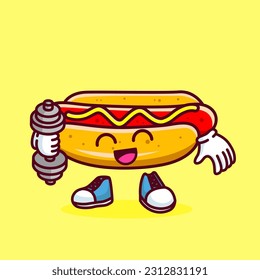 Vector illustration of kawaii hot dog cartoon character with barbell. Vector eps 10