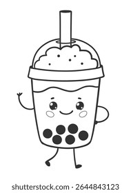 Ilustração vetorial de uma xícara de chá de bolha gelada kawaii com uma tampa de cúpula, cobertura batida, palha grande e pérolas de tapioca, sorrindo e andando. Ilustração isolada de arte em linha.