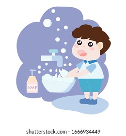 Vector illustration of a kawaii little boy is washing his hands on white background. Cute child is cleaning his hand to prevent Corona virus or COVID19. World water day.