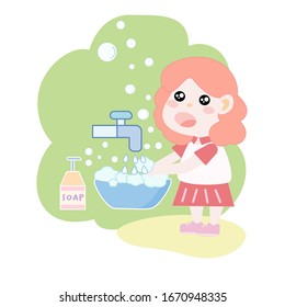 Vector illustration of a kawaii little girl is washing her hands on white background. Cute child is cleaning his hand to prevent Corona virus or COVID19. World water day.